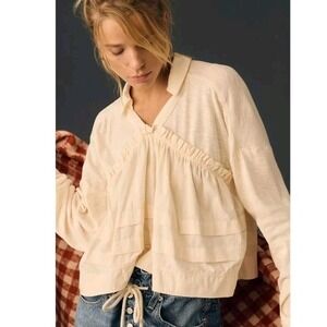 Anthropologie‎ Pilcro Babydoll Top XS Beige Tiered Ruffle Boho Coachella Country